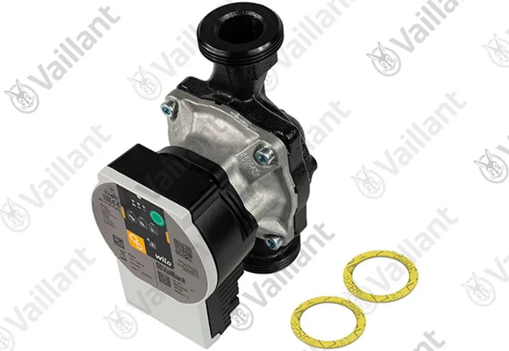 Vaillant Heizwasserpumpe mit Antrieb und zwei Dichtungsringen. Das Gehäuse ist aus Metall, der Antrieb zeigt elektronische Steuerungselemente.